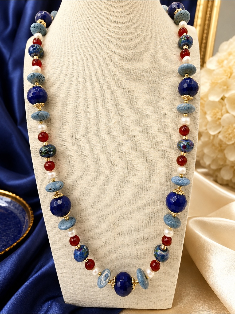Artisan Faceted Lapis Garnet Pearl Vintage Ceramic Beaded Necklace 26” Gold Tone